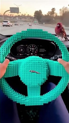 Purple Finch Bird In a Luxury Car Lego Steering Wheel