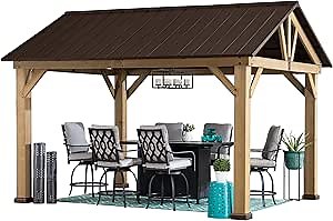 Sunjoy Wood Gazebo 11 x 13 ft. Outdoor Patio Premium Cedar Frame Gazebos with Brown Steel Gable Hardtop Roof for Garden, Backyard Shade, Brown Roof + Natural Wood Frame