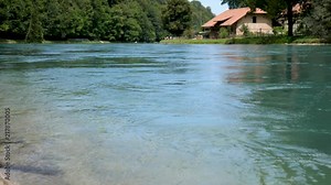 The River Aare flowing through the center of the historic old town of Bern, the capital of Switzerland.