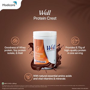 Fuel your body with Well Protein Crest, a high quality protein source with a blend of whey, soy protein isolate, and malt. Packed with essential amino acids, vitamins, and minerals, it provides complete strength in a single serving. Know More: https://bit.ly/3S3yMbV #Modicare #LiveTheModiway #SochBadlo #Wellness #ProteinCrest | Modicare India