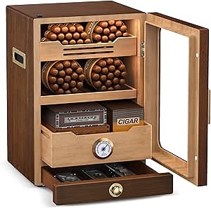 Cigar Humidor, LED Lighted Cigar Humidor Cabinet for 100 to 150 Cigars with Hygrometer, Spanish Cedar Lining, Magnetic Door, 3+1 Large Capacity Drawers and 3 Cigar Humidifiers, Gifts for Men
