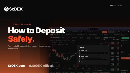 Not sure how on-chain DEX deposits actually work?SoDEX lets you deposit straight from any CEX — same flow as a normal withdrawal on CEX.A few things worth double-checking first:→ $5 minimum per deposit — anything less won't credit→ Only supported tokens — wrong token = permanent loss→ Pick the right network — wrong chain means funds are gone on-chain→ Always verify the address — scan the QR or copy-paste, never retypeFunds land in a couple of minutes. Then you're ready to open a position.🎥 SoDE