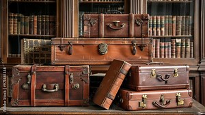 Antique leather suitcases stacked in a vintage library with wooden shelves filled with books