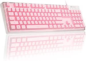 MageGee Gaming Keyboard, 7 Solid Colors Backlit Wired Gaming Keyboard with Clear Housing and Double-Shot Keycaps, K1 Waterproof Ergonomic 104 Keys Light Up Keyboard for PC Desktop Laptop, Pink