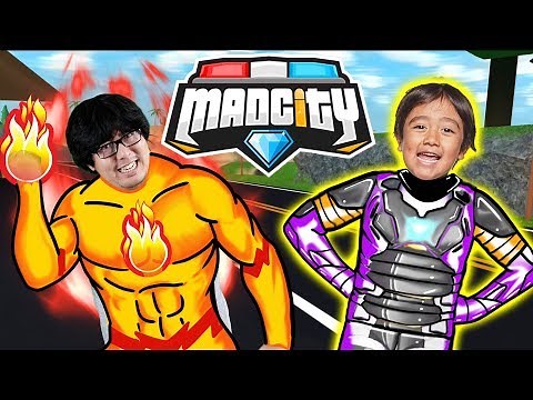 RYAN HAS A NEW HERO SUIT IN MAD CITY ROBLOX ! Let's Play Ryan Vs Daddy