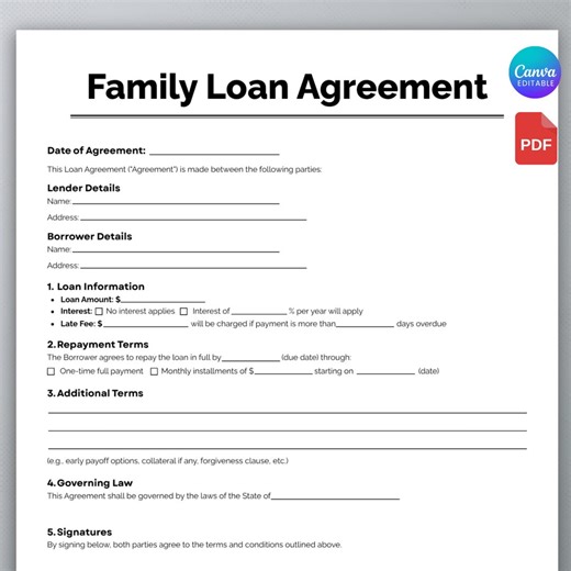 Family Loan Agreement Form, One Page Family Loan Agreement, Family Contract, Loan Agreement, Agreement Contract Printable PDF Canva Template - Etsy Australia