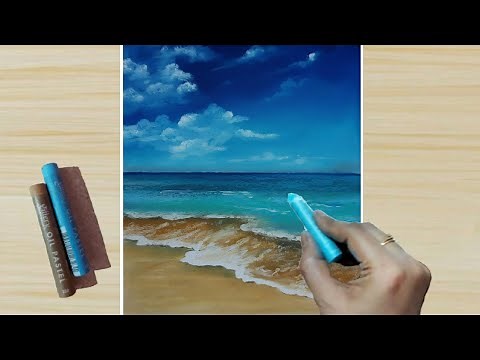 #8 -Oil Pastel Drawing - How to Draw Realistic Seascape (step by step) for beginners, Seabeach paint