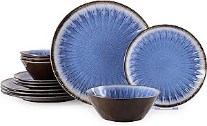 Melamine Dinnerware Sets 12 Pcs, Plates and Bowls Sets, Melamine Plates, Outdoor Dishes Sets, Unbreakable Dinnerware, Serving Dishes for Entertaining, Dishwasher Safe, BPA Free (Classic Blue)