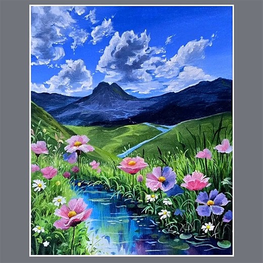 acrylic painting cosmos flower field color used : primary red, primary blue, primary yellow, green deep, black, titanium white canvas : 20cm x 25cm #acrylicpainting #paintingart #artwork #painting #landscapepainting | El Drawing Arts