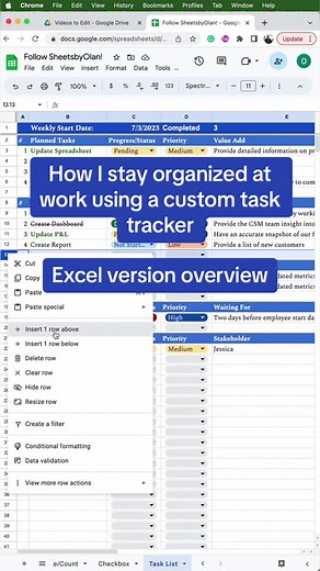 How I stay organized at work using a custom task tracker! The Excel Version! #createwithme #tasktracker #organized #customtracker #work #forgetful #worksmarternotharder #googlesheetstutorial #googlesheetstips #learngooglesheets #googlesheets #gsheets #data #excel #exceltutorial #spreadsheet #LearnOnTikTok