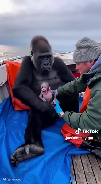 Fisherman Helps Mother Gorilla Give Birth on the Boat 🦍🌊❤️ #gorilla #monkey #animals #wildlife #amazing
