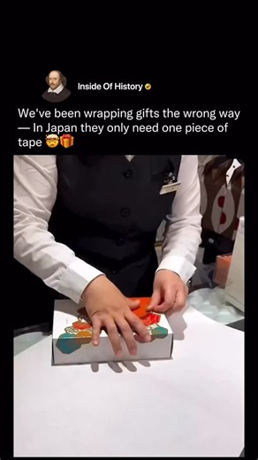 Inside Of History on Instagram: "This Japanese gift-wrapping technique turns a single piece of tape into a perfectly sealed package through precision, geometry, and muscle memory. 🧠🎁 Instead of relying on layers of adhesive, the wrapper uses exact folds and tension to lock the paper onto itself. Each crease redistributes force, creating friction and structural hold so the box stays closed without extra tape. The method comes from a culture that values efficiency, presentation, and respect for