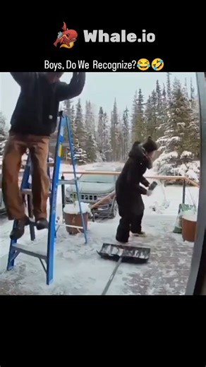 funflix on Instagram: "The post features a 16-second video of a man falling comically from a ladder while shoveling snow off a roof, landing legs-up in a snowbank amid laughter from onlookers, captioned "Boys, Do We Recognize?" to evoke relatable male mishaps during winter chores. It quotes the author's earlier November 2025 montage of playful snow and ice antics, tying into a seasonal theme with #winteriscoming, which garnered over 1.5 million views and highlights his focus on lighthearted, ant