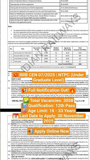💥 RRB CEN 07/2025 NTPC (Under Graduate Level Full Notification Out! #ntpc #railwayexam #reels #rrbs