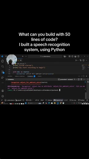 Ibrahim || Software Engineer 🇬🇧🇳🇬 on Instagram: "What can you build with 50 lines of code? 🚀 I built a speech recognition system 🎤🤖 using Python 🐍 #Python #SpeechRecognition #50LinesOfCode #Coding #fyp"