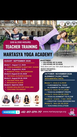 ✨ Perjalanan Menjadi Guru Yoga Bersertifikasi 300 Jam Dimulai di Martasya Yoga Academy ✨ Setelah sukses menyelenggarakan 100-Hour Yoga Alignment Teacher Training Level 1 periode Mei–Juni 2026, kami dengan antusias kembali menghadirkan rangkaian program lanjutan untuk Tahun Ajaran 2026 bersama Faculty Team Martasya Yoga Academy. 📚 Jadwal Program Selanjutnya: 🌿 100-Hour Wellness Program Agustus – September 2026 🧘 100-Hour Yoga Alignment Teacher Training Level 2 Oktober – November 2026 Dengan me