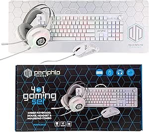Periphio Gaming 4 in 1 Bundle - RGB Mechanical Gaming Keyboard, Gaming Mouse 10,000 DPI, USB 7.1 Surround Gaming Headset & XL Mousepad Combo for Windows PC/Mac Gamers (White)