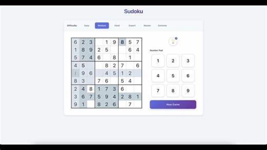 Modern Sudoku Game - Play Online Free | 6 Difficulty Levels, Hints & Mobile Responsive