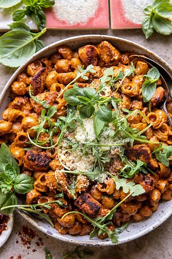 One Pot Creamy Roasted Red Pepper Chicken Pasta.