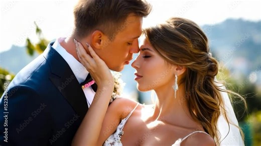 Wedding bliss as bride and groom share a gentle kiss outdoors after the ceremony