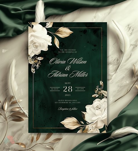 Emerald Green and Gold Floral Wedding Invitation, Elegant Greenery Wedding Invites, Classic Rose Invite, Dark Green Gold Leaf Invitations - Etsy
