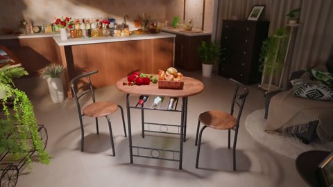 JUMMICO 3-Piece Wooden Round Table & Chair Set, Space Saving Kitchen Breakfast Nook Wood Grain Tabletop with Metal Frame and Built-in Wine Rack for Kitchen, Dining Room (Walnut/Black)