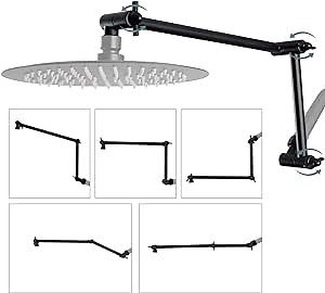 iFealClear All Metal 16" Shower Head Extension Arm, Solid Brass Shower Head Extender Adjustable Height Angle, G1/2 Universal Connection Stainless Steel Rain Showerhead Pipe with Lock Joint, MatteBlack