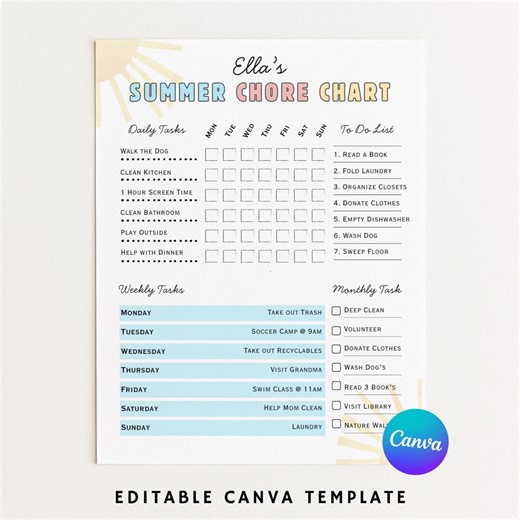 Editable Summer Chore Chart for Kids: Teen Chore Chart Printable Summer Organization Canva Template Instant Digital Download - Etsy