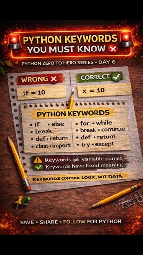 @c_python_programminghub on Instagram: "Python Beginner Trap 🚨 You cannot use keywords as variables ❌ They have fixed meanings in Python. DAY 6 – Python Keywords 🐍 Save this 🔖 More traps coming tomorrow ▶️ #python #learnpython #pythonprogramming #coding #programming"