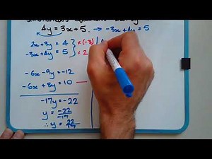 How to solve simultaneous equations using elimination method example 2x+3y=4, 4y=3x+5