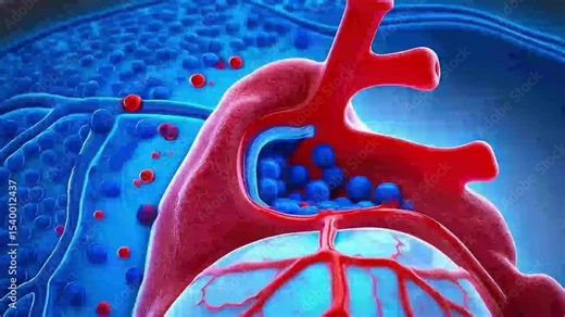 3D animation of human heart pumping blood through arteries and veins. Medical visualization of circulatory system, heart function and blood vessel anatomy.