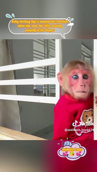 Baby monkey Kyo’s unexpected reaction when she sees the little monkey pooping in his diaper #loveanimals #monkeys #babymonkey #pet #animals