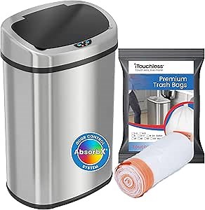 iTouchless Automatic Trash Can with 20 Premium Bags, Odor Control System, Wide Lid Opening Sensor Touchless Kitchen Garbage Bin, 13 Gallon, Oval Stainless Steel