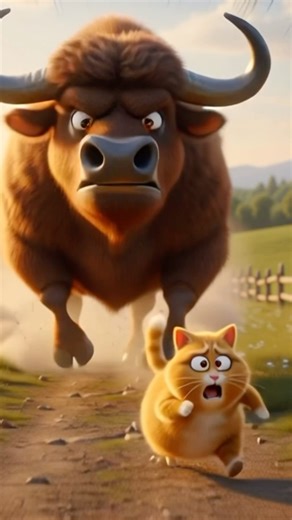 Cat vs Buffalo funny chase | Cute farm short animation #cat #buffalo #funny