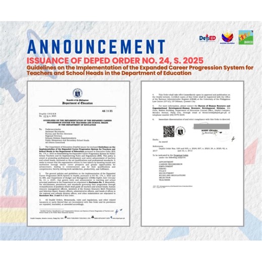 DepEd Order No. 024, s. 2025—is a landmark issuance that formalizes the Expanded Career Progression (ECP) System for public school teachers and school heads. Here's a structured breakdown to help you grasp its core elements and implications: Purpose and Legal Basis Anchored on Executive Order No. 174, s. 2022, which establishes the ECP System. Supported by the DBM-DepEd Joint Circular No. 01, s. 2025 and relevant CSC resolutions. Aims to: Promote professional development and career advancement. 