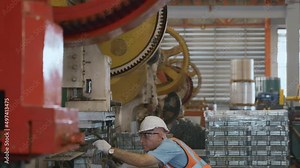 Engineer or operator wearing a safety suit working bending metal sheet by sheet press bending machine in workshop, Worker in factory at metal folding machine putting work piece at factory industry