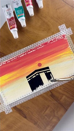 Easy Makkah painting for beginners with sunset 🌅 #artshorts #painting #art #shorts