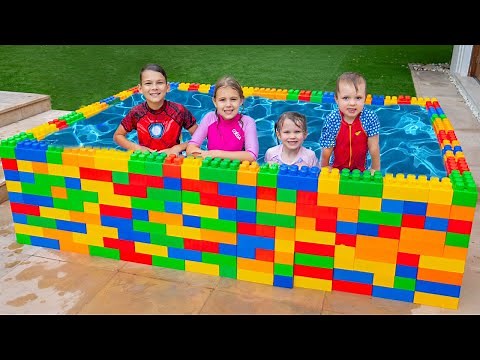 Five Kids How to Swim in the Kids Pool and Plays with Fun Water Toys