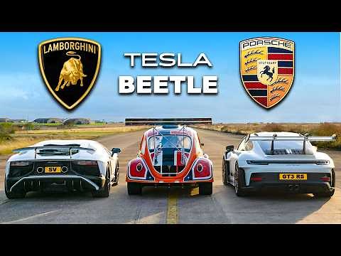 911 GT3 RS v Lambo V12 vs Tesla Beetle: DRAG RACE