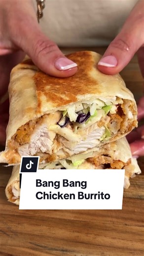 Bang Bang Chicken Burritos are EVERYTHING! 🌯🤤 They're a certified 12/12! Get the full recipe in the @allrecipes bio or keep reading. Ingredients: 1/2 cup mayonnaise 1/4 cup sweet chili sauce 2 tablespoons Sriracha 12 frozen crispy chicken strips 4 (10 to 12-inch) flour tortillas 2 cups coleslaw mix Directions: Stir mayonnaise, chili sauce, and Sriracha sauce together in a small bowl until well combined and set aside. Prepare chicken strips in the air fryer according to package directions and c