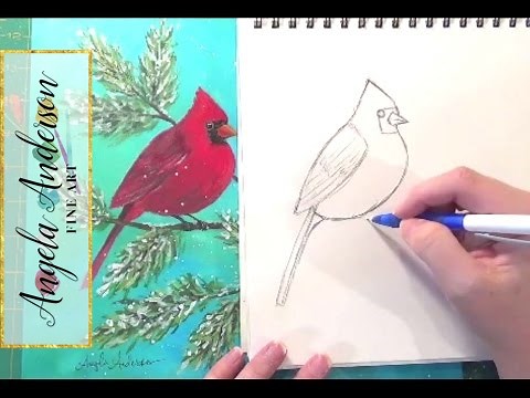 Cardinal Drawing Tutorial | How to Draw Birds | Step by Step Art Lesson | Angelooney Winter Event
