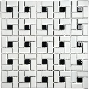 Tenedos Spiral Pattern Porcelain Pinwheel Mosaic Floor and Wall Tile Matte White with Shiny Black Dots for Kitchen Backsplash, Bathroom Accent Wall (1)