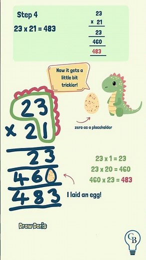 Long Multiplication Step by Step with Doris the Dinosaur