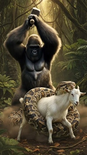 Gorilla saves goat from python