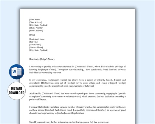 Editable Court Character Reference Letter Template | Legal Reference Letter | Personal Character Letter | Word Instant Download - Etsy