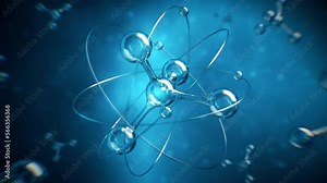 3D animation and rendering atom moving around molecule on blue background.Science digital simulation conceptual.
