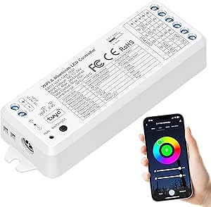 EMITEVER WiFi&Bluetooth 5-in-1 LED Controller WT5 Dimmable for DC12-24V PWM Single Color/CCT/RGB/RGBW/RGBCCT LED Strip Lights, Compatible with Tuya APP/Smart Life/Alexa/Google Home
