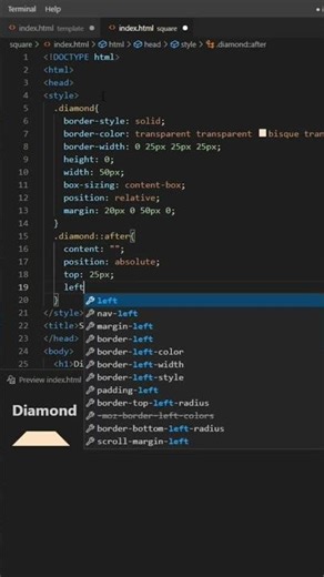 create dimond shape using Html,Css&Js#sorts #support #music