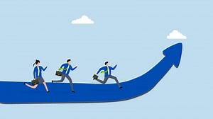 Growth strategy, 4k animation of Entrepreneurs and employees advancing along career trajectory, moving upward