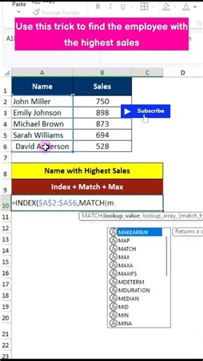 Trick: INDEX + MATCH + MAX: Find Top Performer 🚀